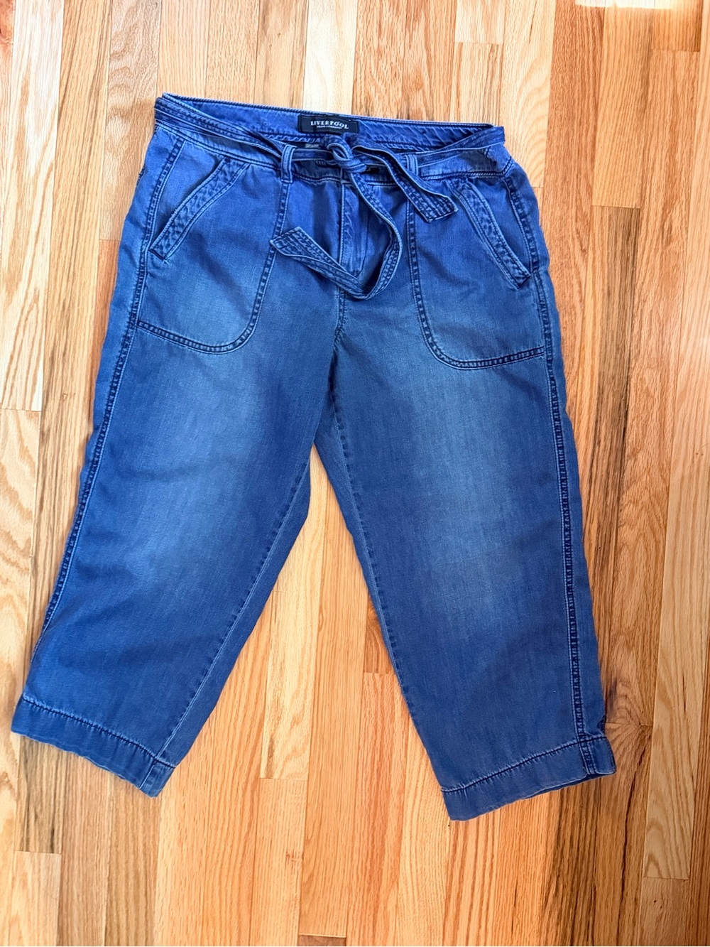 Liverpool Blue Denim Tie-Waist Cropped Pants
